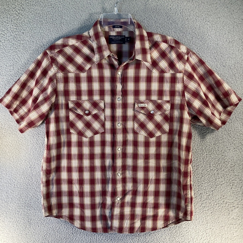 American‎ Eagle Western Shirt Mens Medium Maroon Plaid Short Sleeve Pearl Snap